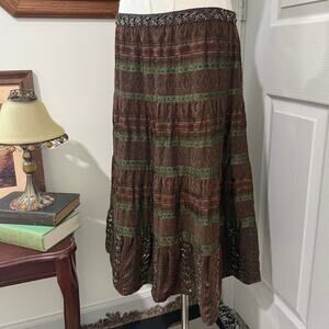 Future Paradise by Anthropologie Brown & Green Beaded Boho Fairy Midi Skirt 10/M